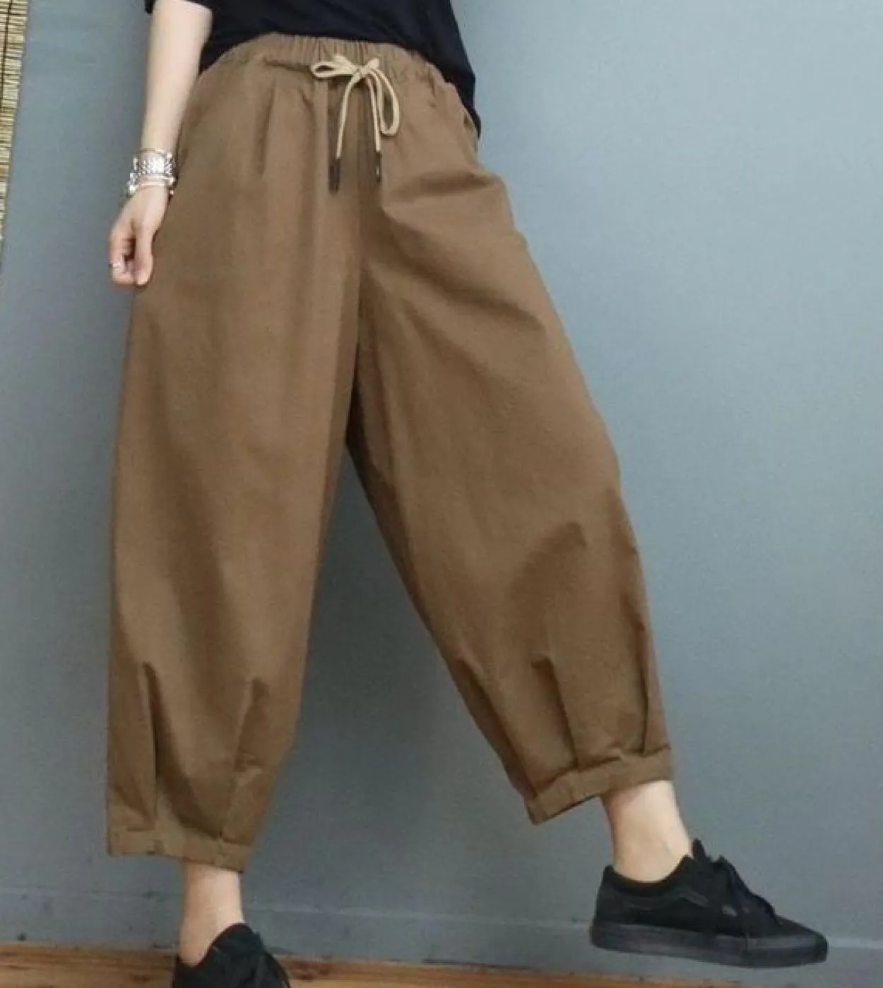 2022 Primavera Autunno New Arts Style Donna Elastico in vita Pantaloni larghi alla caviglia Tutti abbinati Casual Solid Cotton H