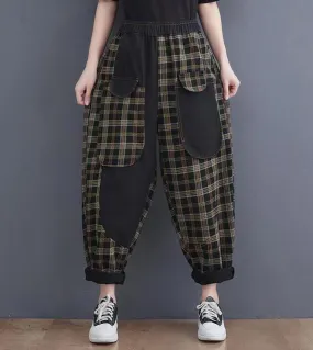 2022 primavera autunno nuove arti stile donna elastico in vita patchwork plaid jeans vintage larghi pantaloni Harem in denim di