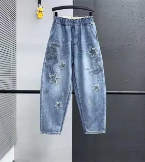 2022 primavera autunno nuove donne moda elastico in vita jeans casual larghi ricamo pantaloni Harem in denim di cotone jeans V82