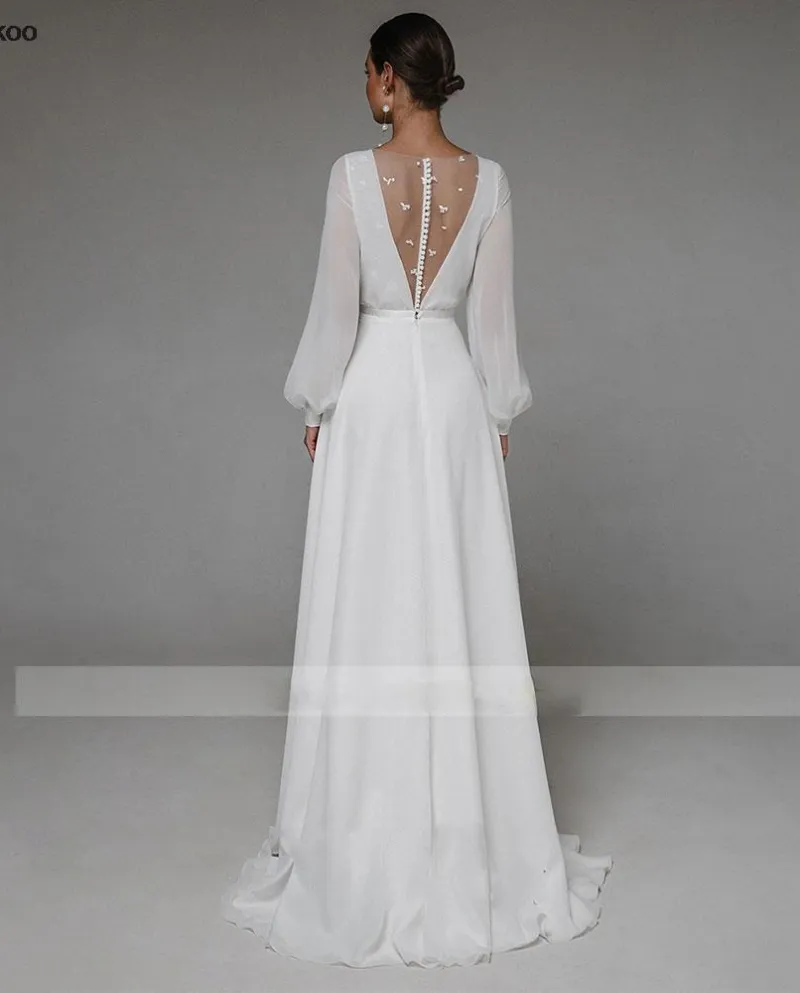 Abito da sposa in chiffon bianco da spiaggia a linea con scollo a V sottile formale civile lungo