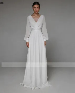 Abito da sposa in chiffon bianco da spiaggia a linea con scollo a V sottile formale civile lungo