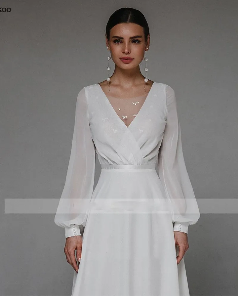 Abito da sposa in chiffon bianco da spiaggia a linea con scollo a V sottile formale civile lungo