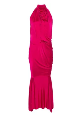 Abito lungo con scollo all'americana in rosa fucsia - donna