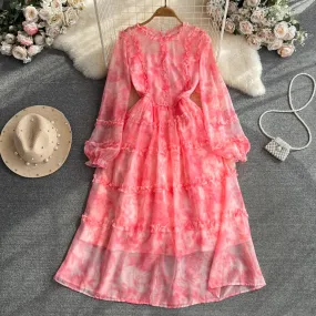 Abito lungo in chiffon autunnale per donna Abiti longuette a maniche lunghe a strati con volant Rosa Tie Dye Chic girocollo sott