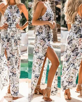 Abito lungo in chiffon con scollo allamericana per le vacanze estive per le donne Elegante senza maniche con spacco alto florea