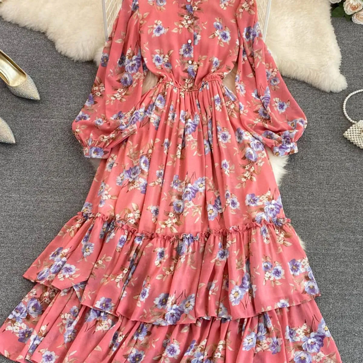 Abito lungo in chiffon floreale vintage autunnale elegante manica a sbuffo con scollo a O vita alta linea con orlo arricciato va