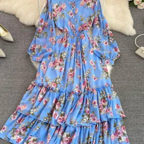 Abito lungo in chiffon floreale vintage autunnale elegante manica a sbuffo con scollo a O vita alta linea con orlo arricciato va