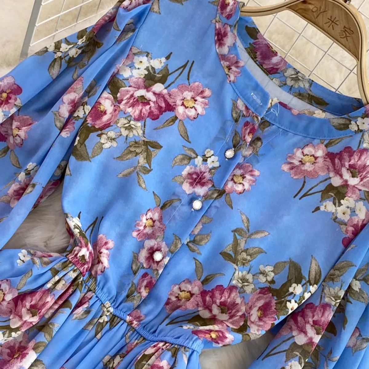 Abito lungo in chiffon floreale vintage autunnale elegante manica a sbuffo con scollo a O vita alta linea con orlo arricciato va