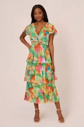 Adrianna Papell Verde - Abito midi in chiffon a balze