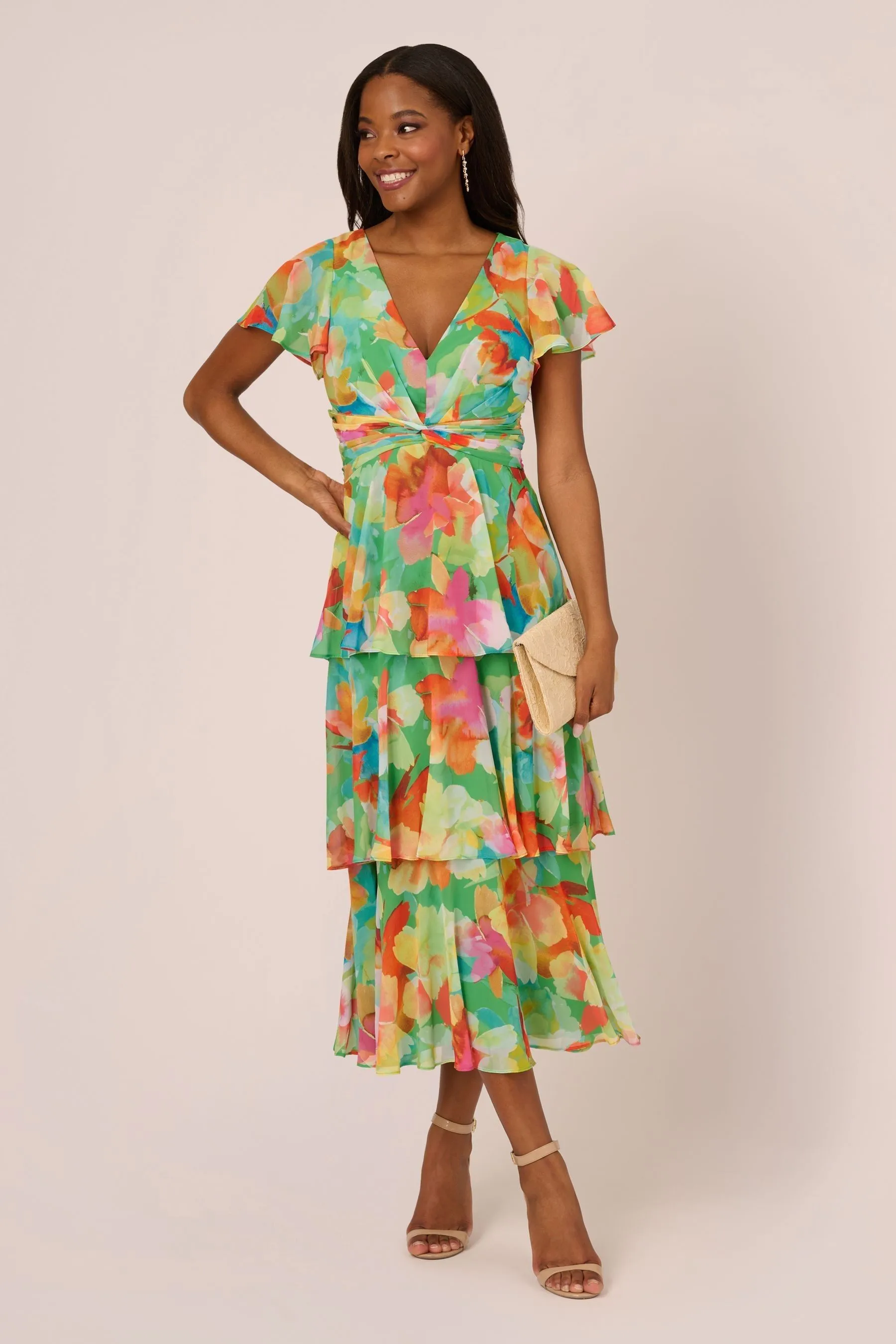 Adrianna Papell Verde - Abito midi in chiffon a balze