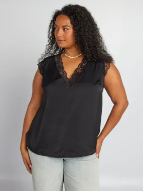 Blusa scollo a V con pizzo - nero