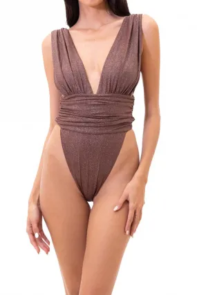 Costume donna intero con tessuto drappeggiato sgambatura alta fascia in vita scollo a V