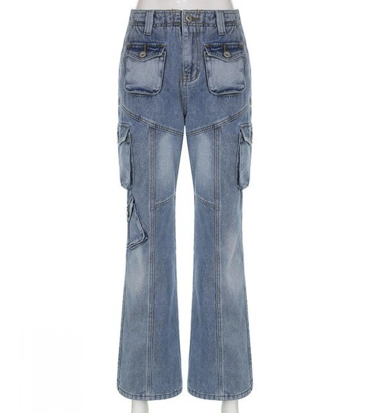 Gacvga Autunno Inverno Donna Jeans larghi a gamba larga Pantaloni con pantaloni in denim multitasche Vintage blu Streetwear Auto