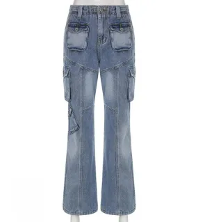 Gacvga Autunno Inverno Donna Jeans larghi a gamba larga Pantaloni con pantaloni in denim multitasche Vintage blu Streetwear Auto