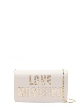 Moschino Love borsa a tracolla in ecopelle con logo paillettes avorio