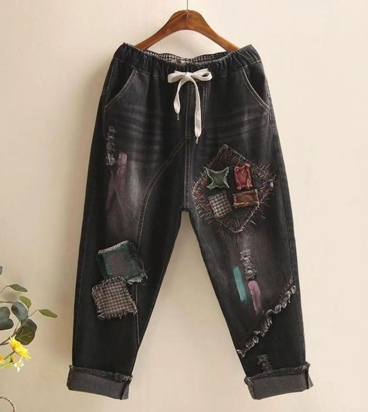 Primavera Autunno Donna Vita elastica Pantaloni Harem in denim Ricamo Patchwork Jeans vintage Pantaloni da donna in denim con na