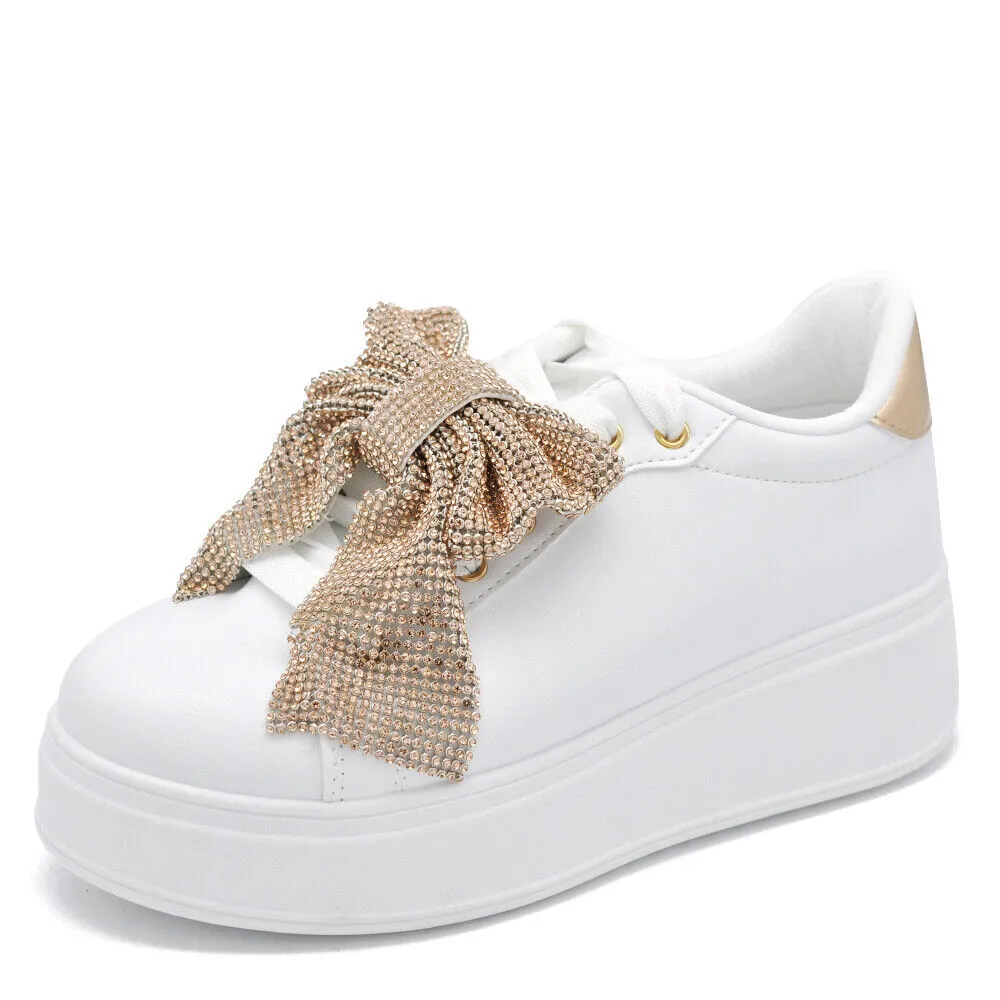 Scarpe Da Donna Ginnastica Sportive Sneaker Bianco Platform Fiocco Strass AD-835