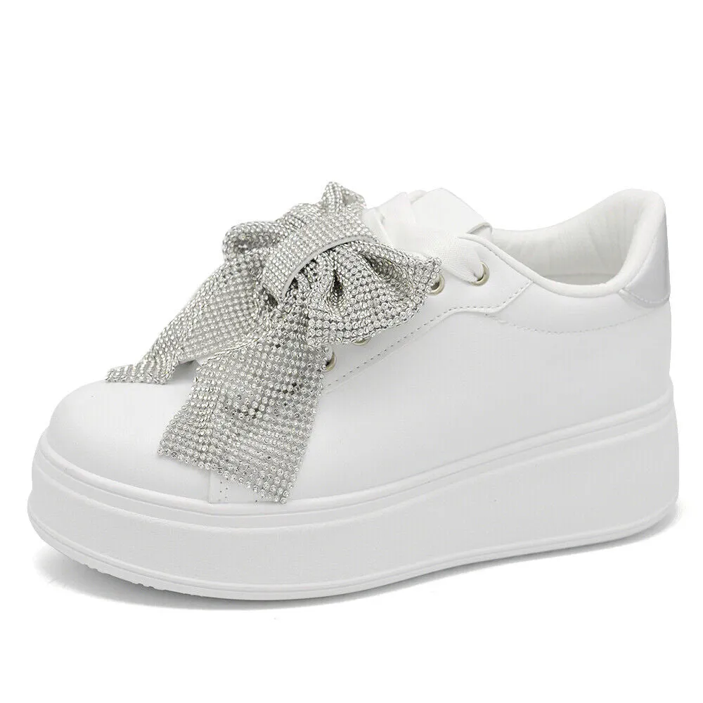 Scarpe Da Donna Ginnastica Sportive Sneaker Bianco Platform Fiocco Strass AD-835