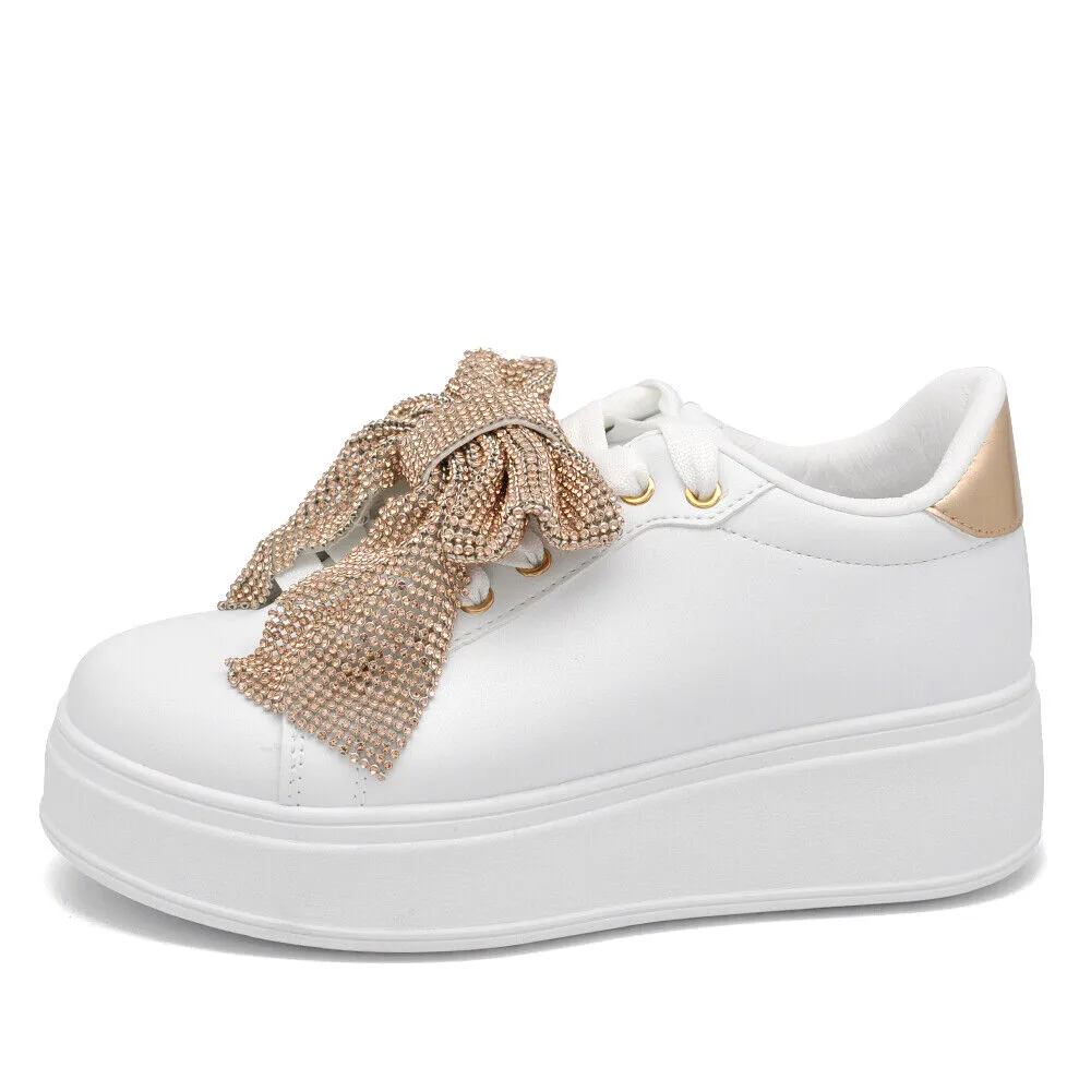 Scarpe Da Donna Ginnastica Sportive Sneaker Bianco Platform Fiocco Strass AD-835