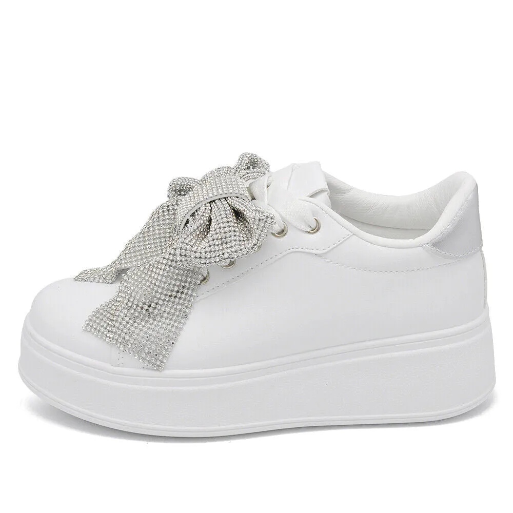 Scarpe Da Donna Ginnastica Sportive Sneaker Bianco Platform Fiocco Strass AD-835