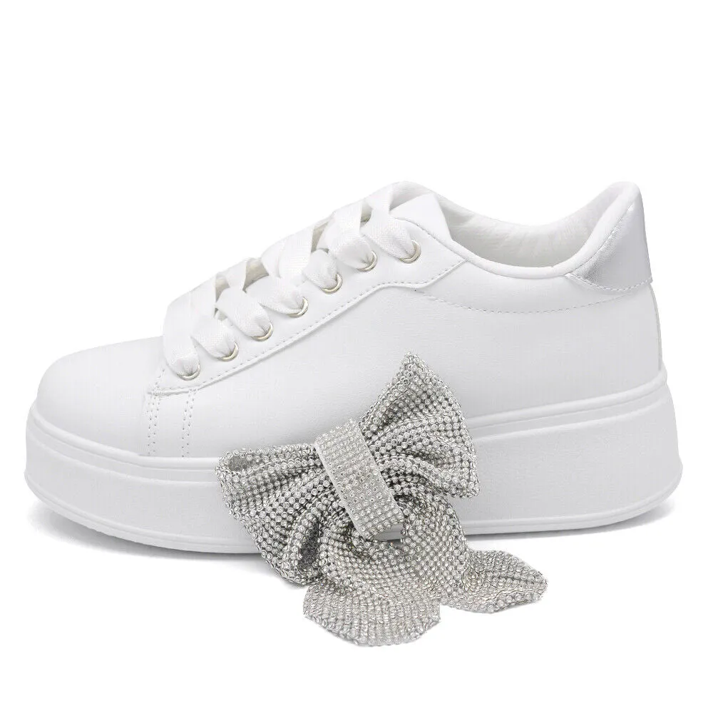 Scarpe Da Donna Ginnastica Sportive Sneaker Bianco Platform Fiocco Strass AD-835