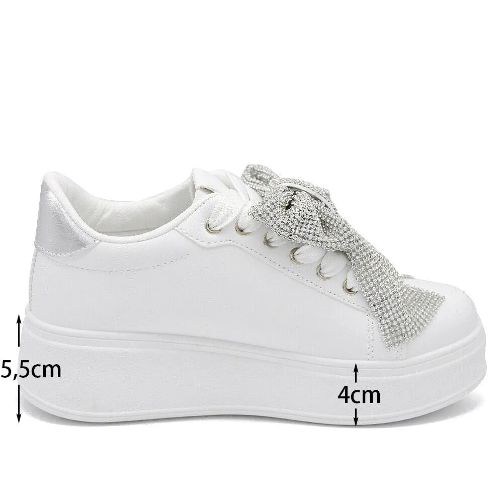 Scarpe Da Donna Ginnastica Sportive Sneaker Bianco Platform Fiocco Strass AD-835