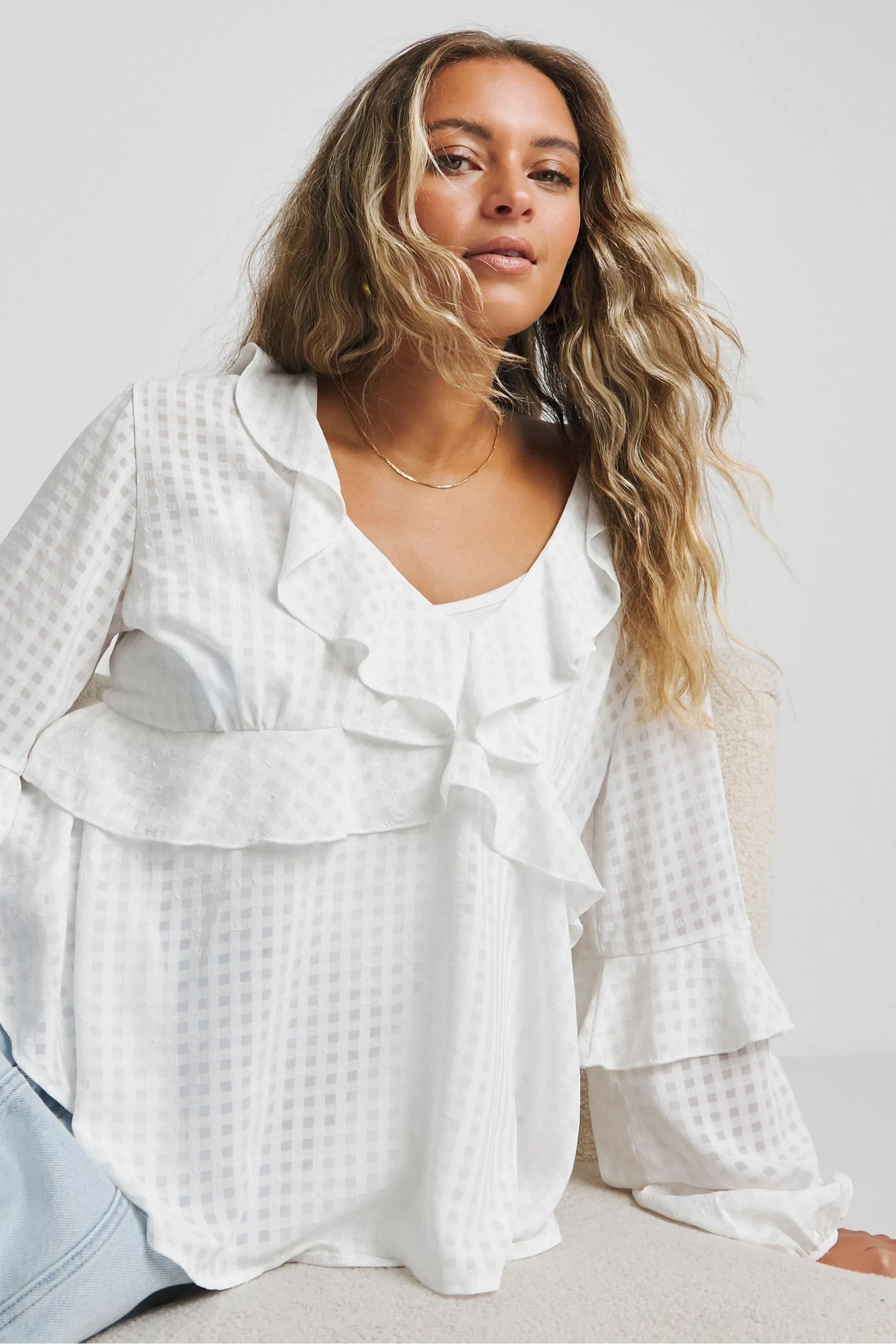 Simply Be - Blusa squadrata in seersucker con maniche A quadri Ruches