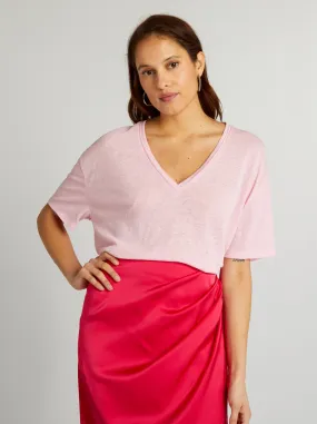 T-shirt con scollo a V con lino - ROSA