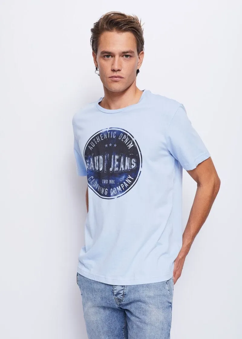 T-shirt con stampa denim e logo