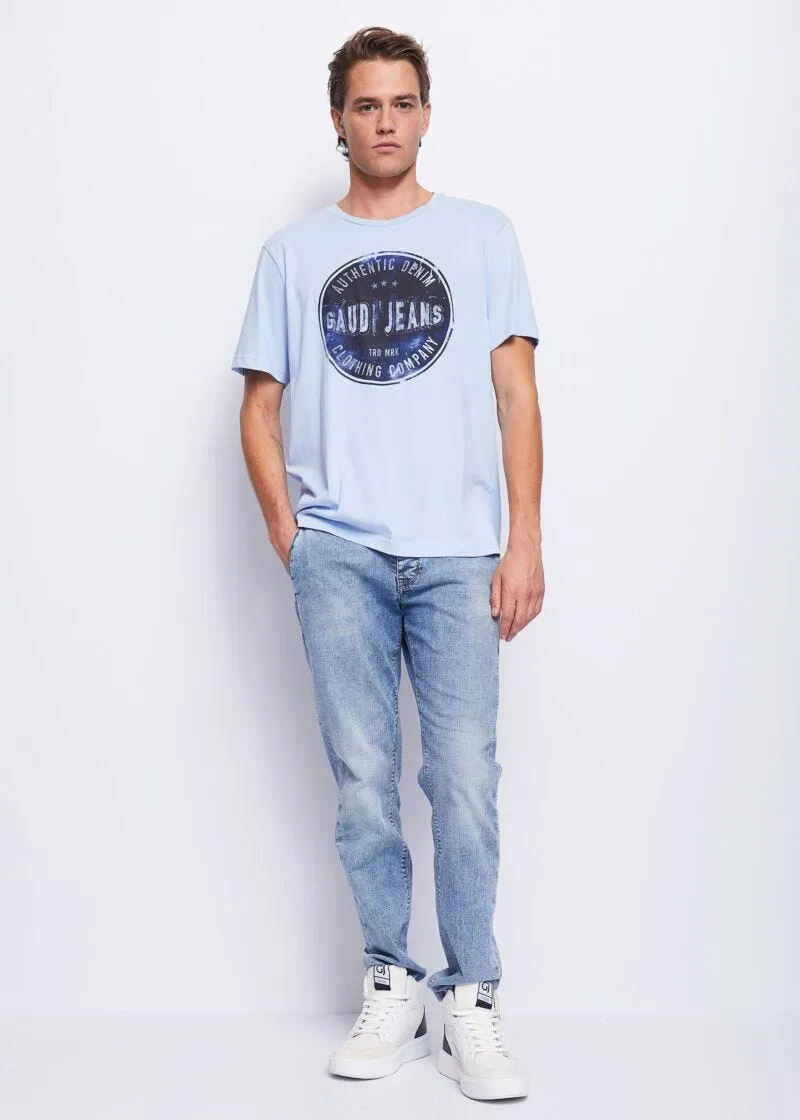 T-shirt con stampa denim e logo