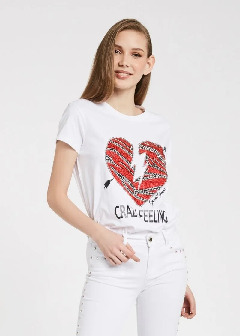 T-shirt con stampa e strass