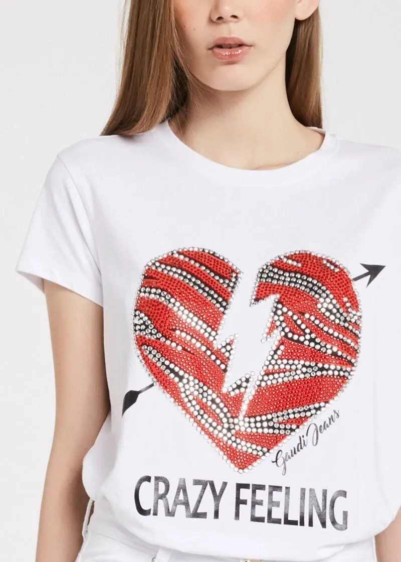 T-shirt con stampa e strass