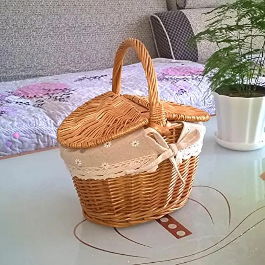 Voiakiu Cesto da Picnic – Cestino da Picnic in Rattan Intrecciato a Mano | Cesto da Picnic in Tessuto Fatto a Mano con Manico e 