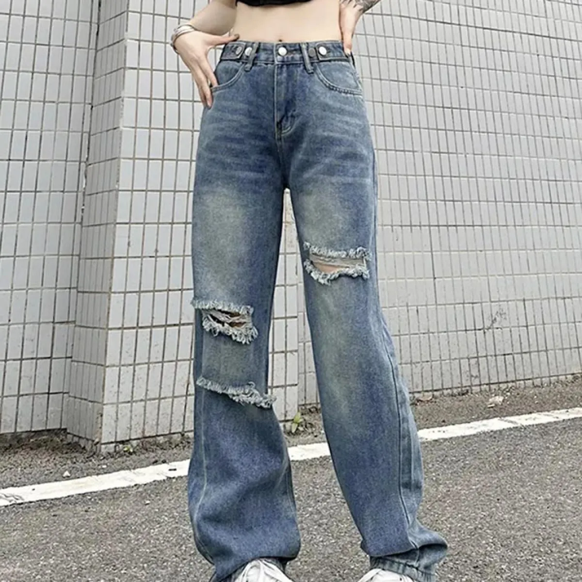 Zoki  Hole Jeans Donna Streetwear Pantaloni in denim dritti a vita alta retrò Harajuku Pantaloni larghi Bf Hip Hop Novità