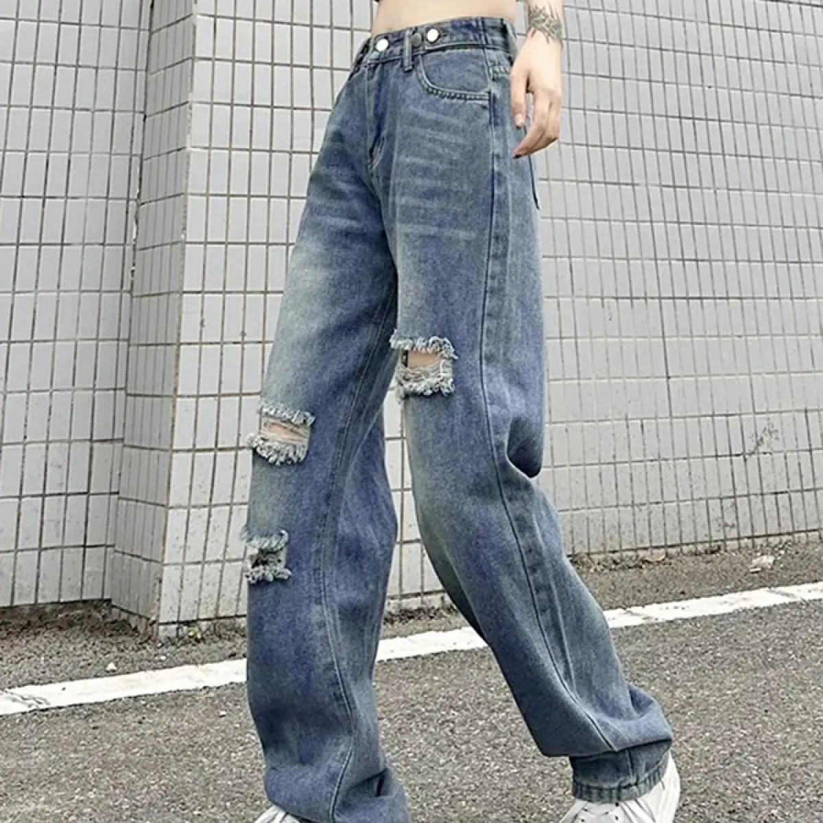 Zoki  Hole Jeans Donna Streetwear Pantaloni in denim dritti a vita alta retrò Harajuku Pantaloni larghi Bf Hip Hop Novità