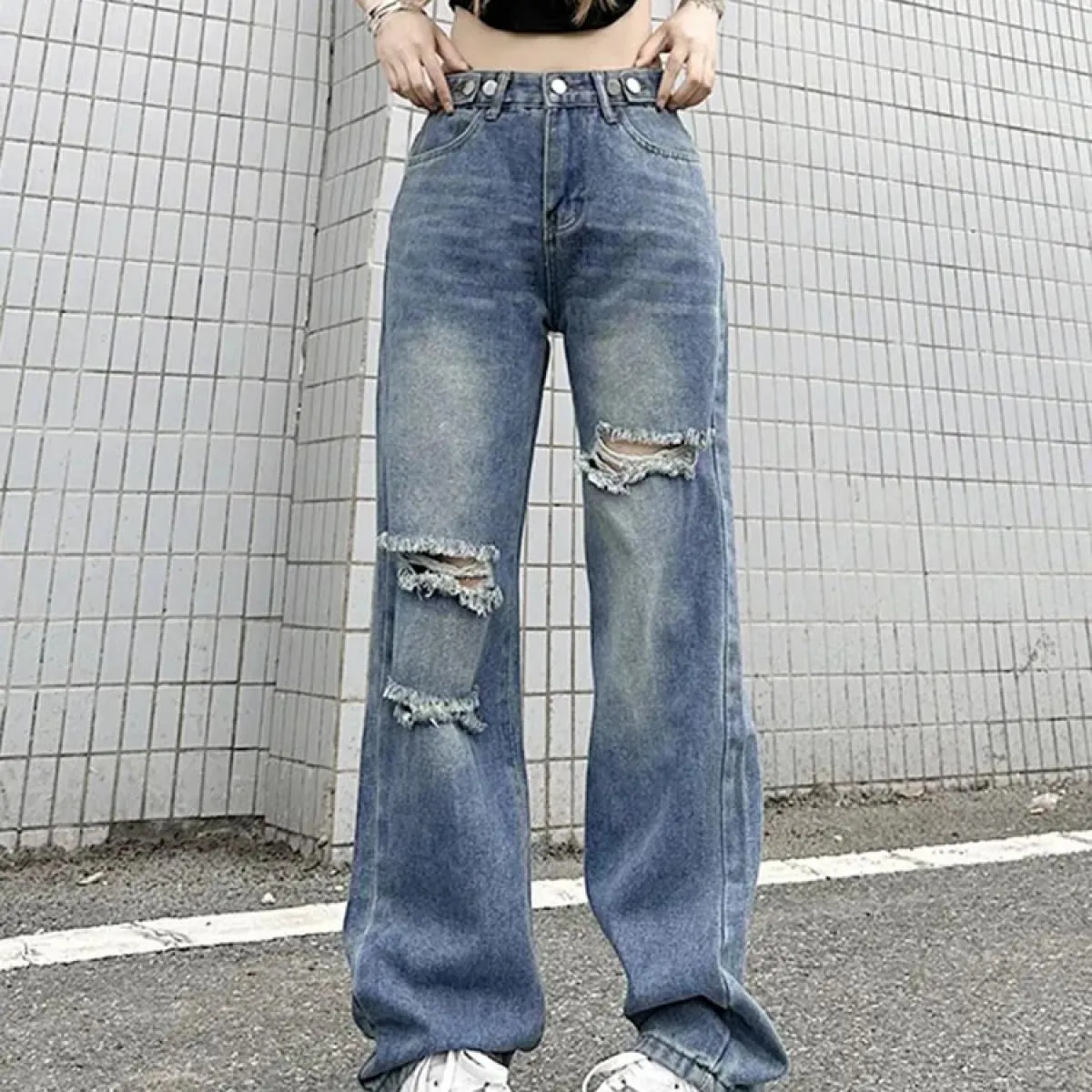 Zoki  Hole Jeans Donna Streetwear Pantaloni in denim dritti a vita alta retrò Harajuku Pantaloni larghi Bf Hip Hop Novità