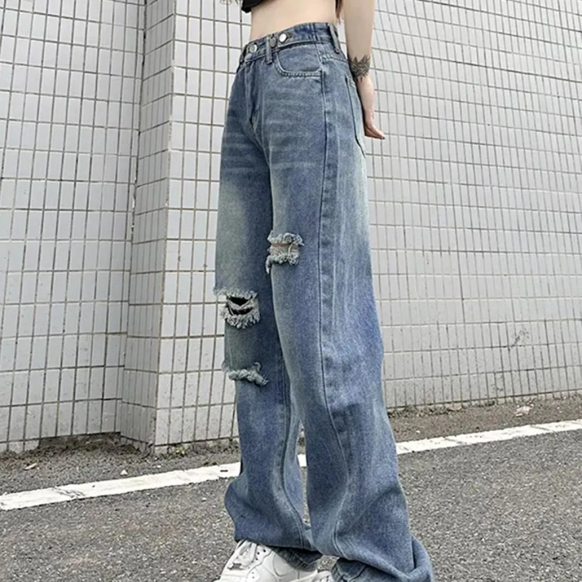 Zoki  Hole Jeans Donna Streetwear Pantaloni in denim dritti a vita alta retrò Harajuku Pantaloni larghi Bf Hip Hop Novità