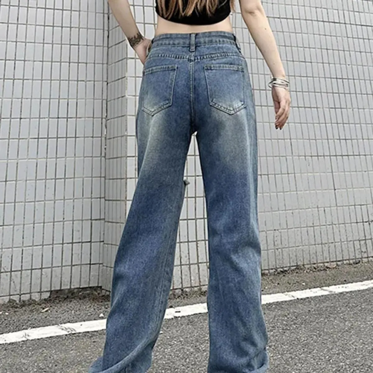 Zoki  Hole Jeans Donna Streetwear Pantaloni in denim dritti a vita alta retrò Harajuku Pantaloni larghi Bf Hip Hop Novità